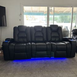 Black Leather Couch W/ Recliners And Cup Holders