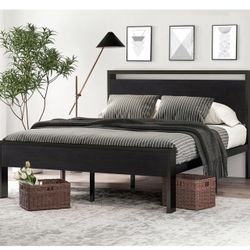 Queen Size Metal Platform Bed Frame with Wooden Headboard and Footboard, Black Oak W-6