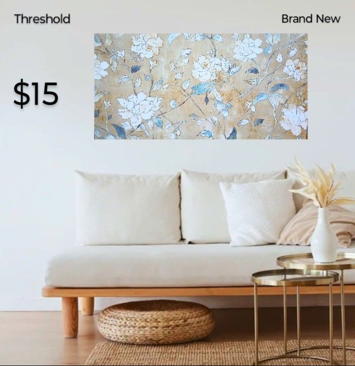 Brand New  47,2 " X  23,6 " Printed Canvas Floral Tan White Blue And Gold 