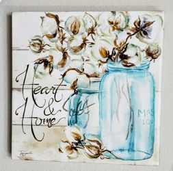 "Heart & Home" MASON JAR with COTTON BOLLS CANVAS ART (12x12)