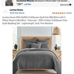 Levtex Home Mills Waffle Full/Queen Quilt Set (88x92in) with 2 Pillow Shams (26x20in) - Charcoal - 100% Cotton Full/Queen Size Quilt Bedding Set - Lig