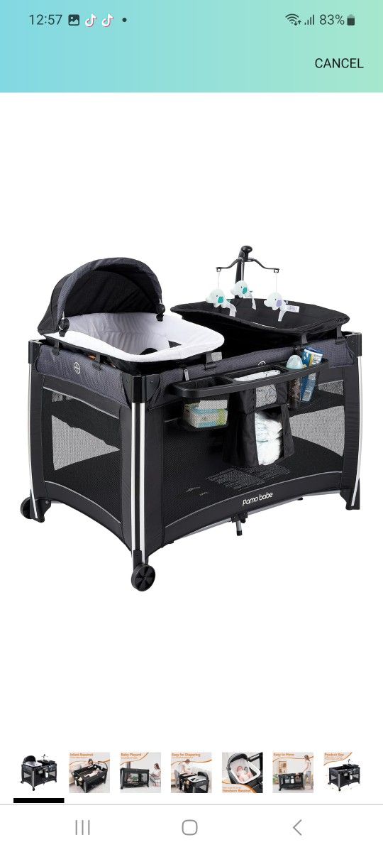 Pamo Babe 4 in 1 Baby Playards with Bassinet & Changing Table, Portable Crib Breathable Mesh and Toy Mobile