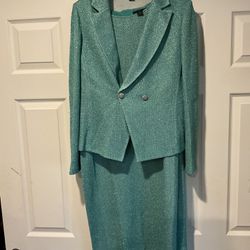 St. John Black Label Vintage Tiffany Blue Glitter Party Dress & Jacket Set sz 12/16, Like New