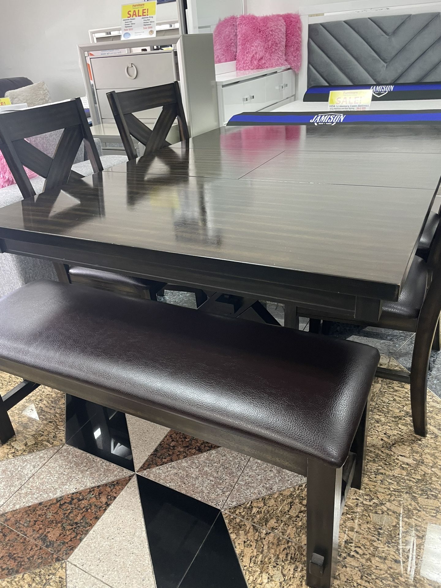 Kelly dining room table with bench starting at $699 with easy finance
