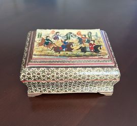 Khatam wooden handcrafted Jewelry Box with painted horse riders at the top of the box