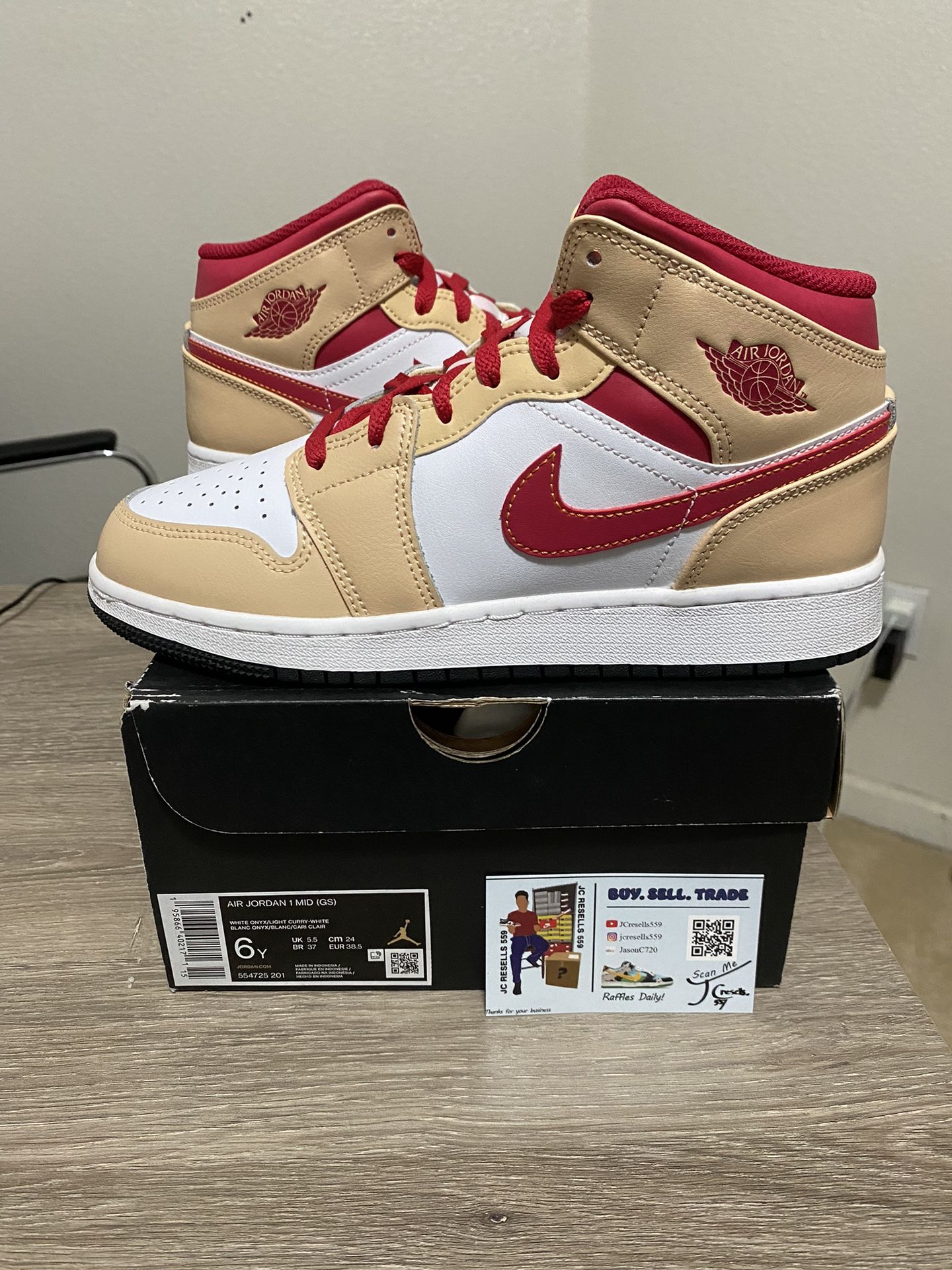 Size 6Y / 7.5W - Nike Air Jordan 1 Mid White Onyx Light Curry Red