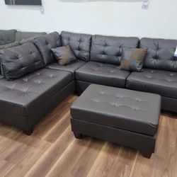 New Dark Brown Faux Leather Sectional And Ottoman Sofa Couch 