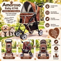 New Pet Stroller – 4 Wheel – Brown & White – Cats & Dogs
