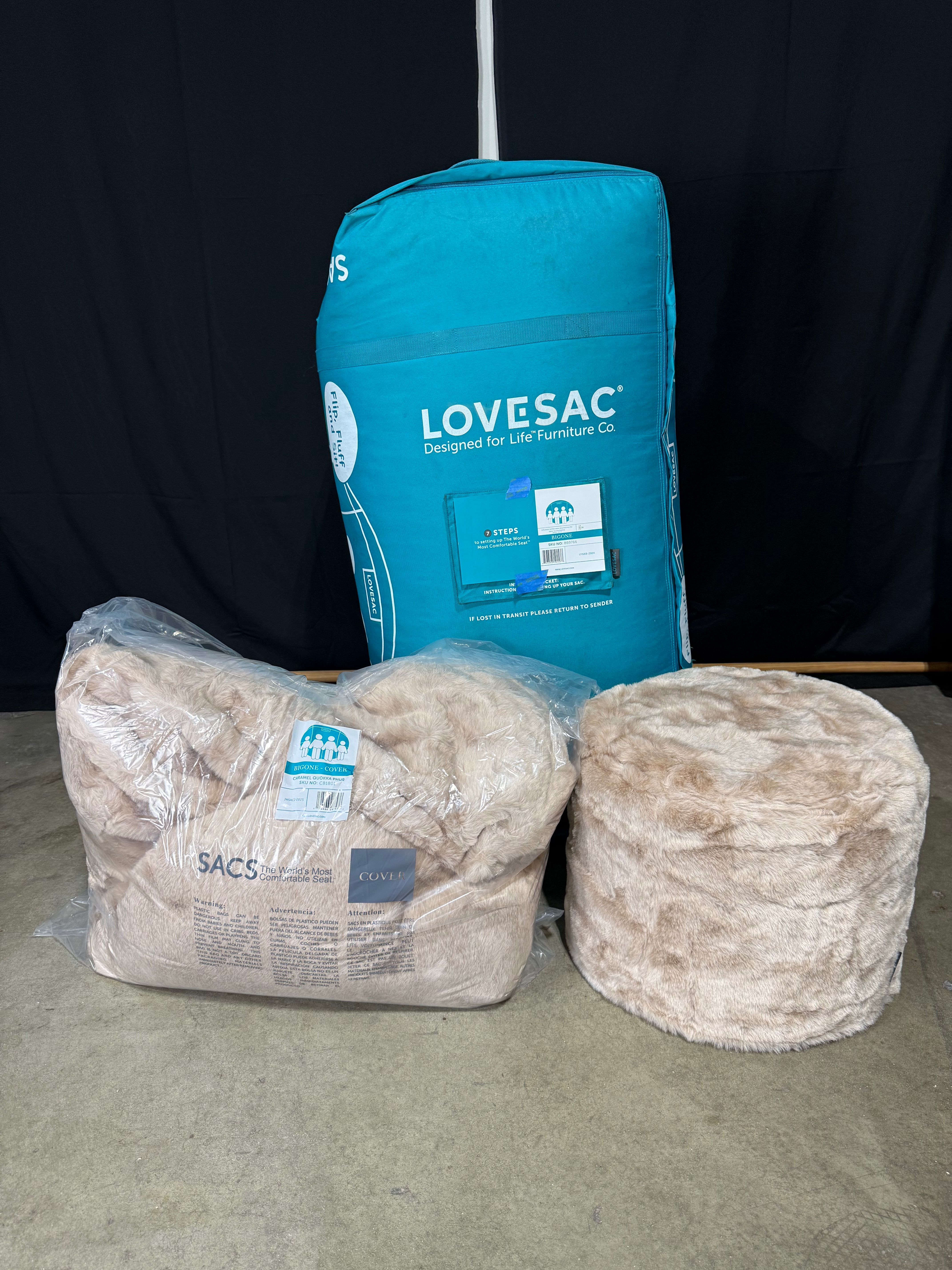 Lovesac The BigOne Premium Bean Bag Chair + Lovesac Squattoman Ottoman (Caramel Quokka Phur)