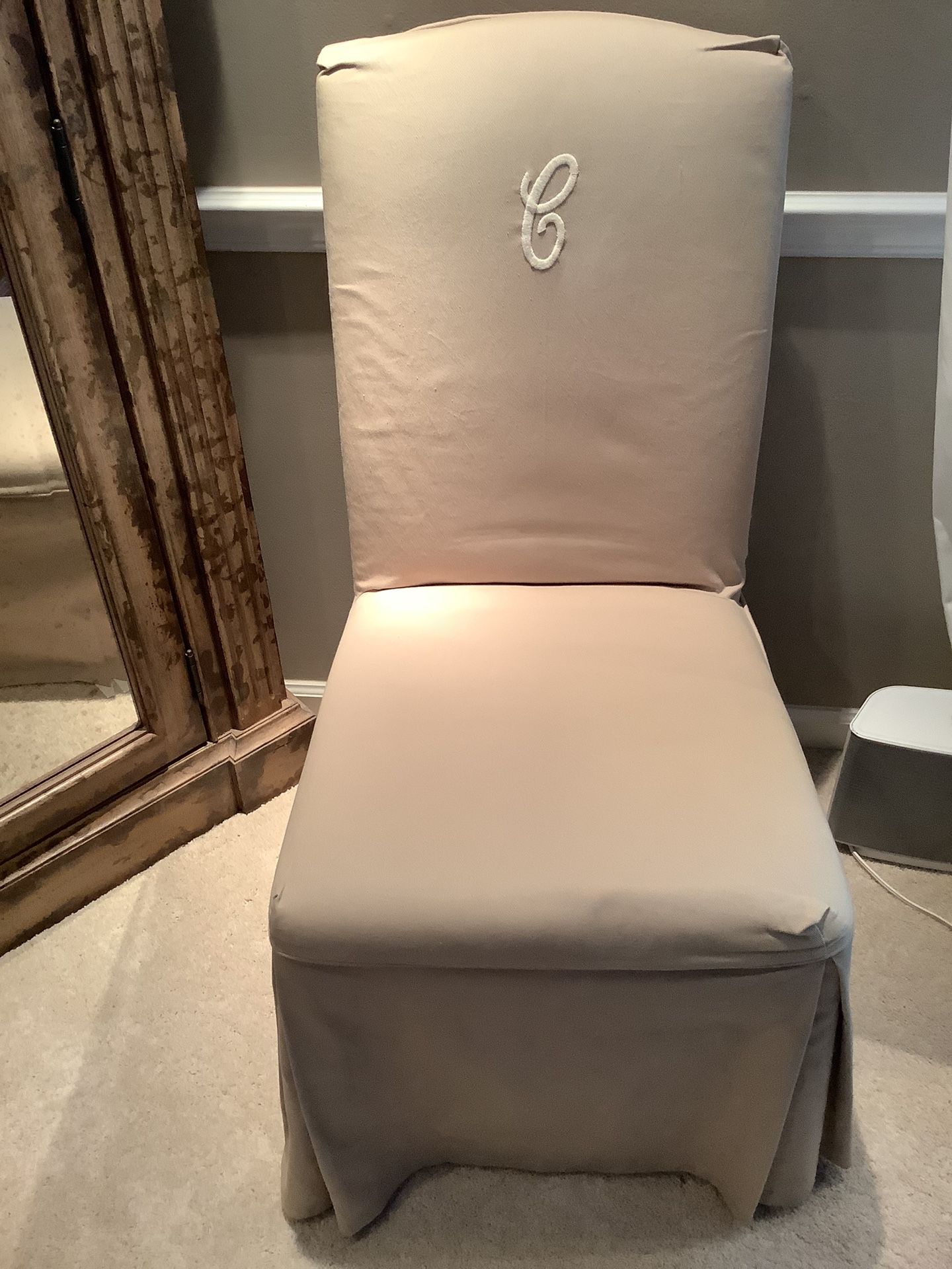 PARSONS CHAIR SLIPCOVER. TAUPE TWILL. EMBROIDERED LETTER “C”. BALLARD DESIGN