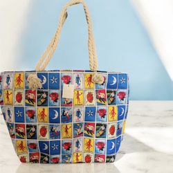 Mexico Style Lottery Tote Bag, Mexican Loteria Shopping Bag w/ Zipper