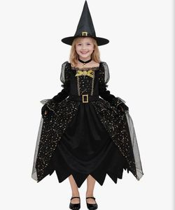 Witch Costume Set with Velvet Dress, Pointed Hat & Choker - Medium (See Size Chart Photo)