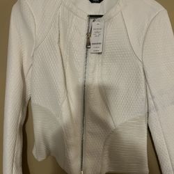 BRAND NEW WOMEN’S WHITE LEATHER & STRETCH RIBBED FABRIC MATERIAL BEBE JACKET, SIZE S