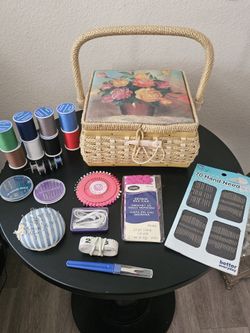 **SEWING KIT BASKET** Thread-Bobbins-Needles-Pins-Etc