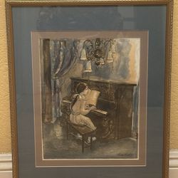 Vintage “Girl at Piano” by Leo Politi…Mixed Media.  Framed, Double Matted and Signed