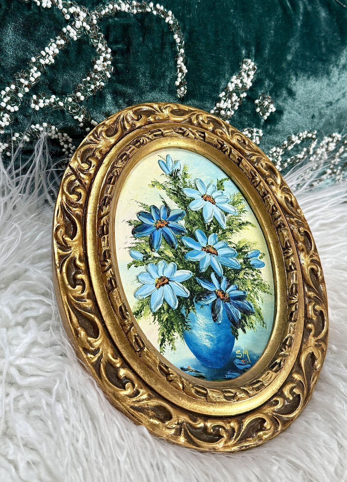 Vintage Original Impasto 3D Floral Oil Painting by local Oregon Artist Suzanne Murr Signed in Ornate Oval Frame