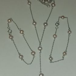 Vintage Sterling Silver Pearl Set Necklace Bracelet Anklet