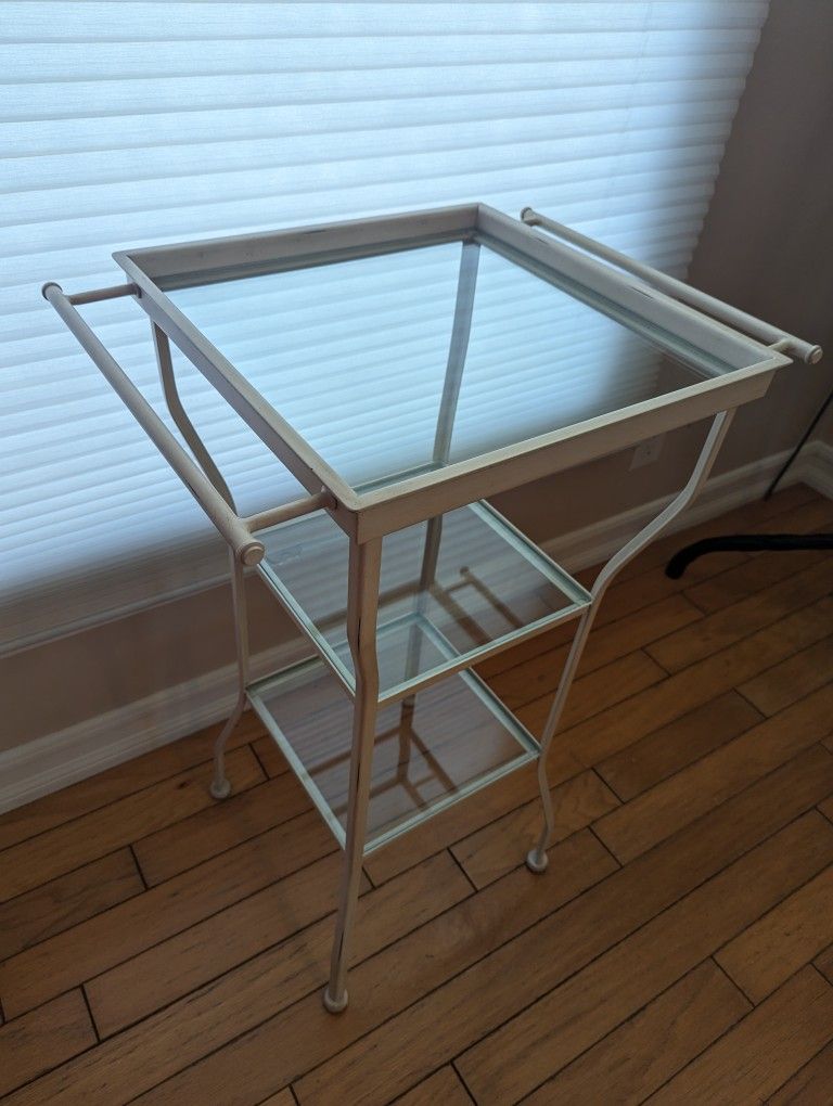 Pottery Barn metal and glass 3-tiered side table for bathroom/kitchen/office. Like new.