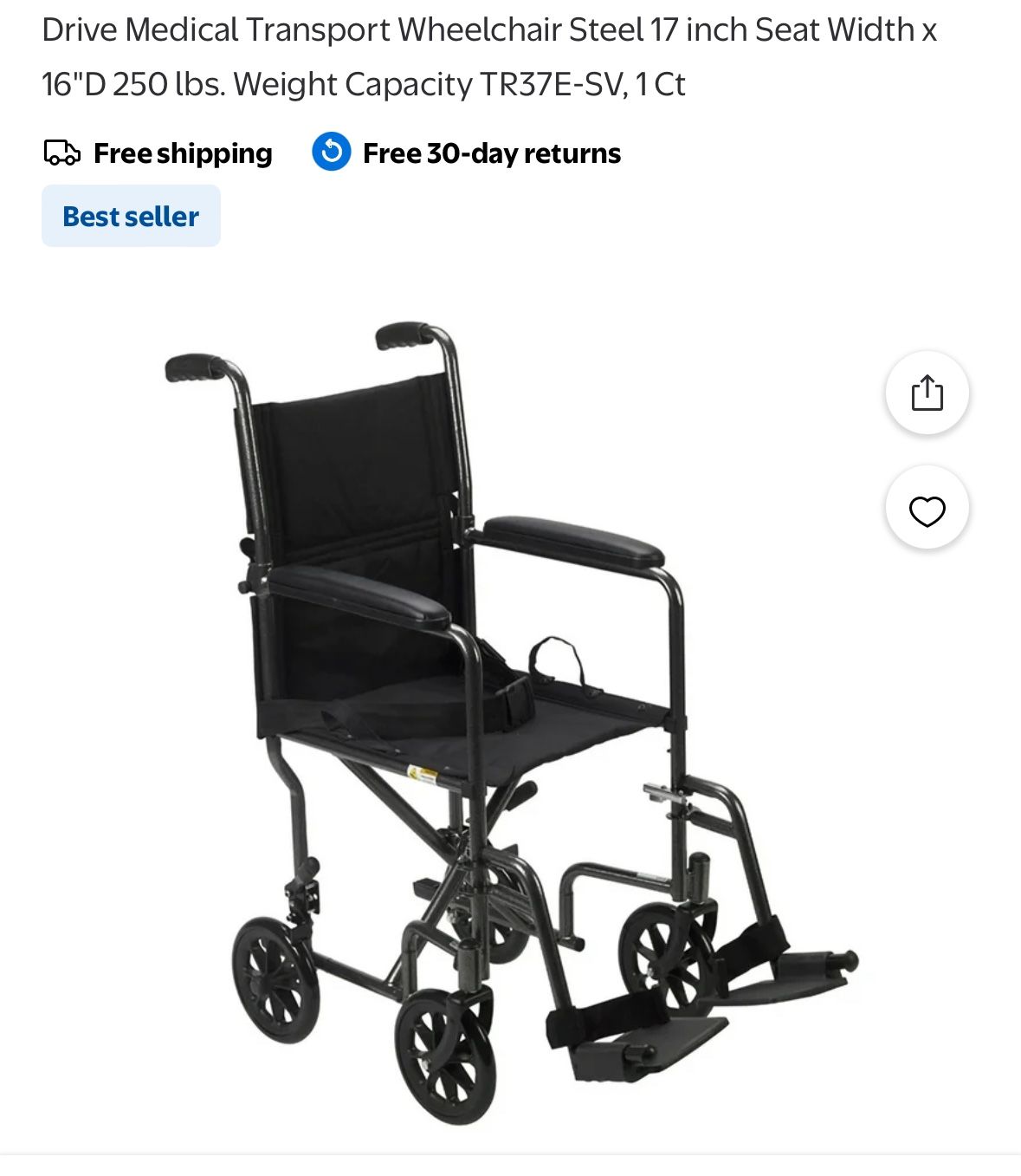 Brandnew Folding Wheelchair Retail Value $129 + Tax Drive Medical Transport Wheelchair Steel 17 inch Seat Width x 16"D 250 lbs. Weight Capacity TR3