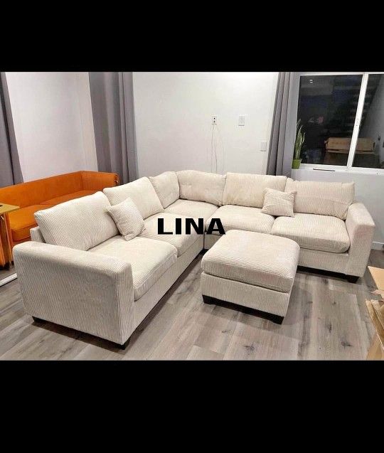 4-Piece Ivory Corduroy Sectional Set