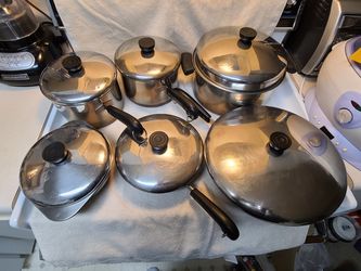 Revere Ware Lot of 7 Stainless Steel Copper Bottom Skillet Pot Pan Set