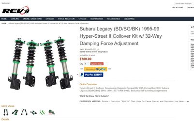 (Open Box) Rev9 R9-HS2-001_6 Hyper-Street II Damper Lowering Coilovers Kit Strut Shock Suspension For Subaru Legacy (BD/BG/BK) 1995-99