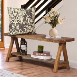 Wnutrees 43" Farmhouse Wood Bench, Long Rustic Indoor Storage Bench for Entryway, Living Room, Dining Room, Solid Wood Construction, Original Wood