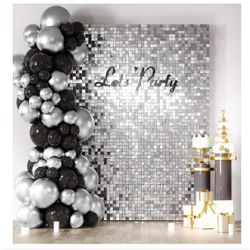 COKAOBE Silver Shimmer Wall Backdrop, 24PCS Square Sequin Shimmer Backdrop Panel, Photo Backdrops for Birthday, Anniversary, Wedding, Graduation & Bac