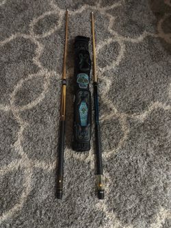 Two Pool Cues with Decorative Cue Case