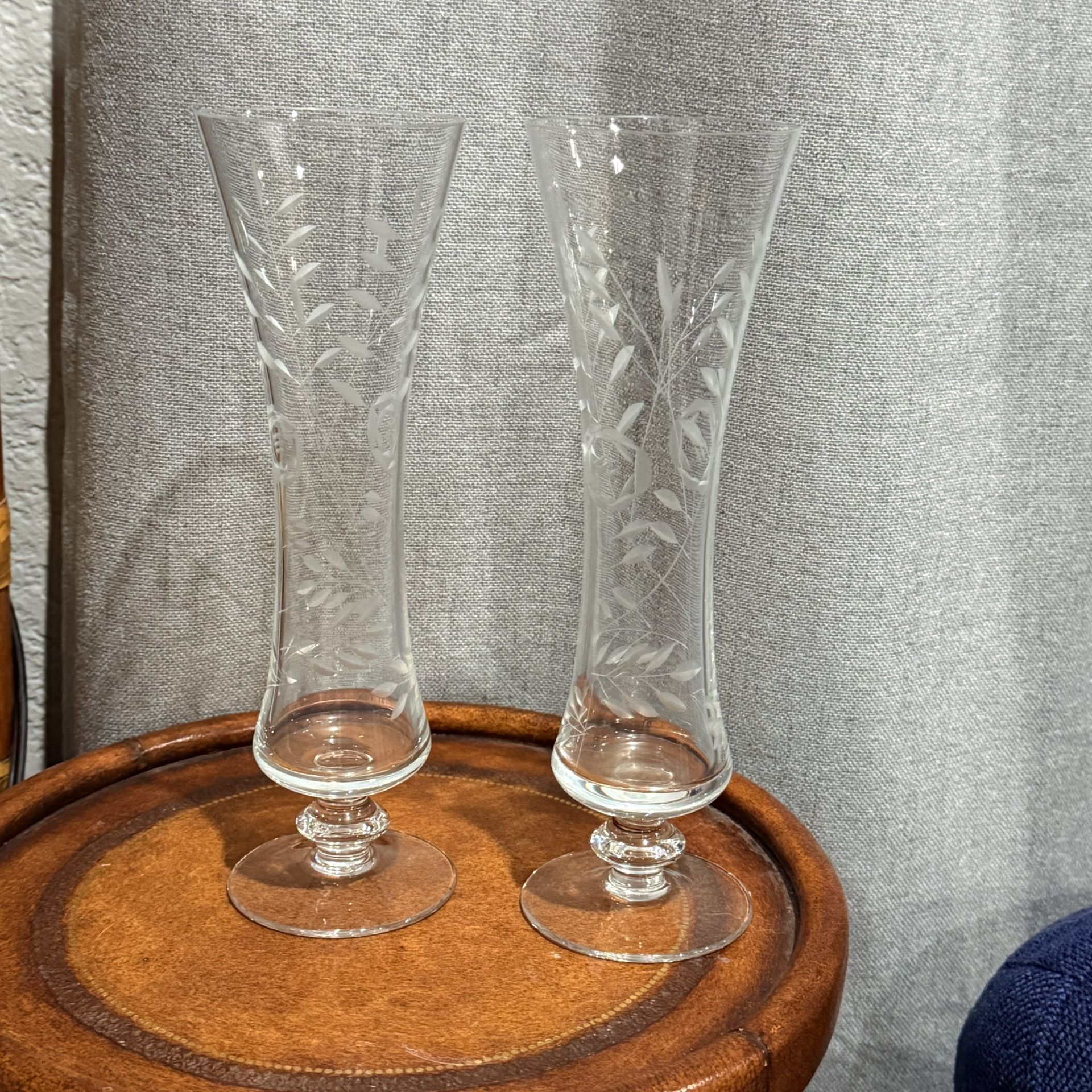 Pair of Vintage Etched Crystal Fluted Bud Vases • 9” Tall