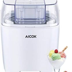 New-aicok Machine 1.5L Ice Cream, Ice Cream Low Power Consumption with Timer Function and Recipe of Yogurt Frozen and sorbetti Machine, White