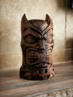 Hand-Carved Wooden Batman Tiki Bust