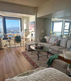 Glass table, Beige dining set (2 velvet mid century modern chairs) w/ rug