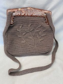 Vintage Y2K Crochet Works Taupe Handbag - Carved Lucite Frame with Strap
