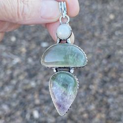 Natural Fluorite & Pearl Gemstone 2.8” Silver Pendant