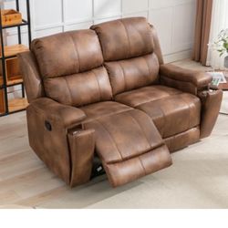 Faux Leather Manual Recliner Loveseat Sofa With Cupholders