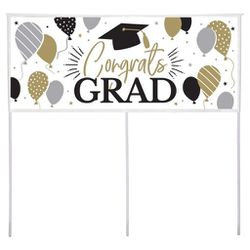 New In Pack "Congrats GRAD" Standing 20x48" Giant Yard Banner Gold, Black, White