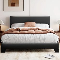 Full Size Bed Frame with Adjustable Headboard, Faux Leather Platform Bed with Wood Slats, Heavy Duty Mattress Foundation, No Box Spring Needed, Noise-