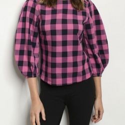New Pink/navy Round Neck Bubble Sleeve Blouse, S,M,L Available
