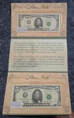 2 Matching Uncirculated Star $5 Notes