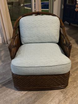 Tommy Bahama Rattan Accent Chair with Blue Diamond Cushions