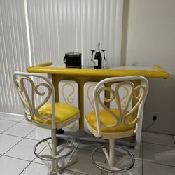 Modern Bar/cabinet Sturdy Wood And Yellow Leather Trim With Two Bar Stools