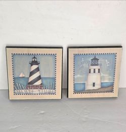 Beth Logan Lighthouse Wall Art Plaques Set of 2 Coastal Nautical Decor 7x7