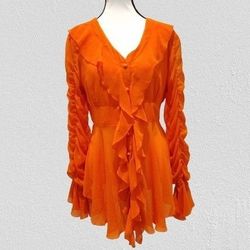ASHRO Vintage Poly-Chiffon Sheer Partially-Lined Ruffle Button-Front Long-Sleeve