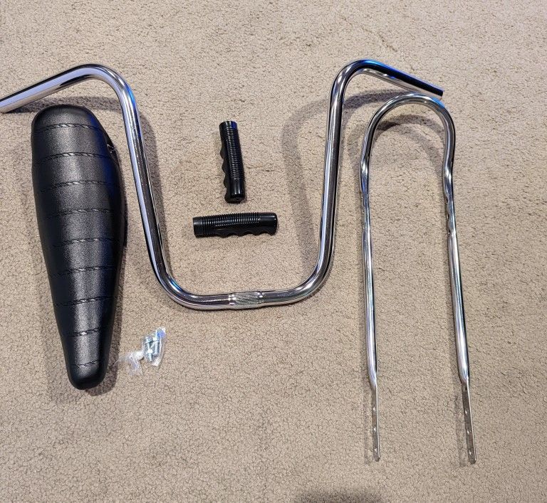 New 16-inch Bicycle Black Banana Seat, Sissy Bar, Grips And 13-inch Chrome U Bars LOWRIDER BICYCLES
