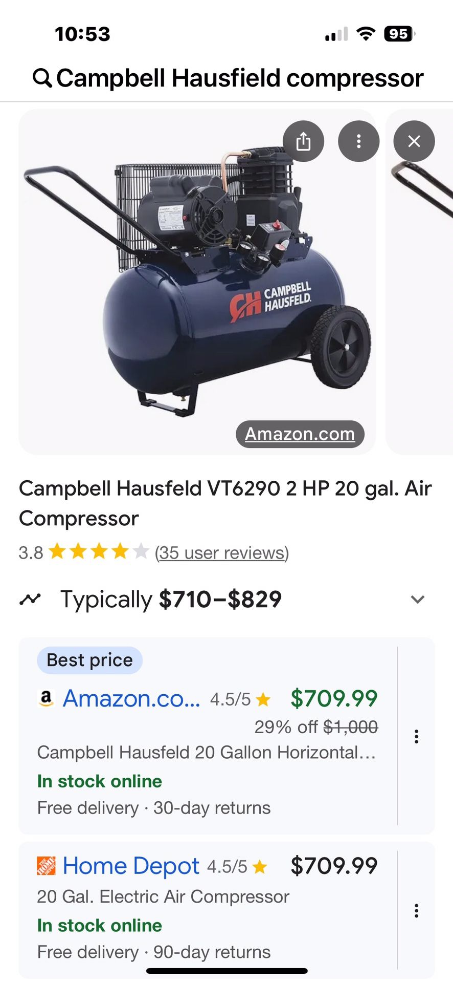 Lightly Used Campbell Hausfeld 20 Gallon Air Compressor