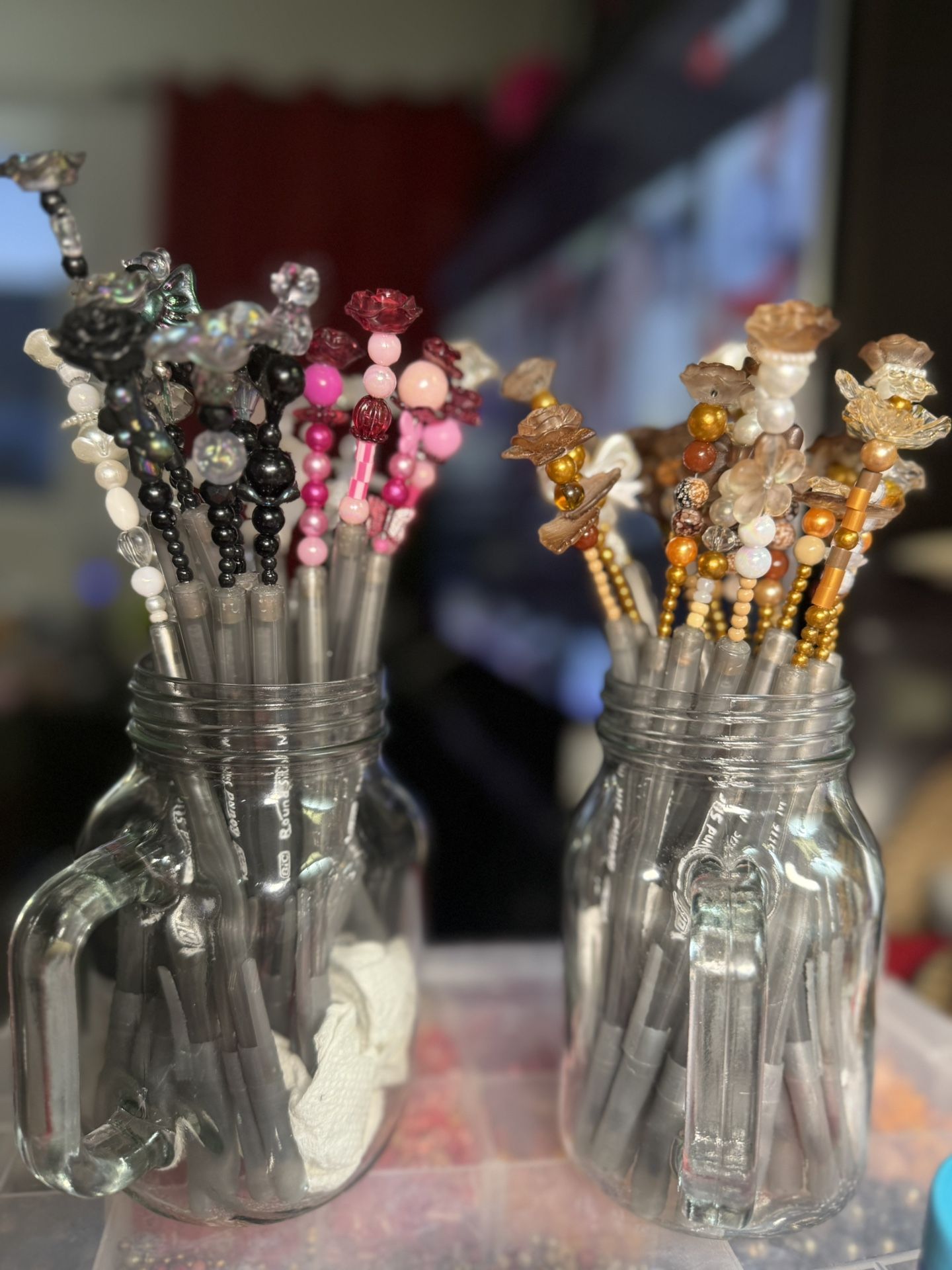 Black Pens With Flower And Random Beads Toppers