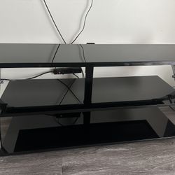 Modern TV Stand – Black Glass & Wood, 3-Tier Media Console for TVs up to 55”