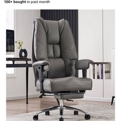 Brand New Grey Vegan Leather Tall Back Big&Tall(400lbs) Ergonomic Office Chair w/Slide Out Footrest