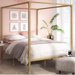 Gold Metal Canopy Platform Bed with Mattress 